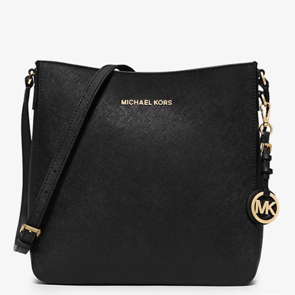 Michael Kors Jet Set Medium Crossbody Bag Black Saffiano Leather Gold Hardware